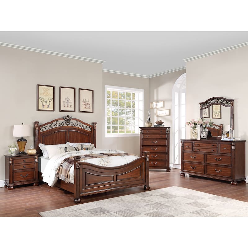 Wooden Bed with Crafted Headboard in Dark Cherry
