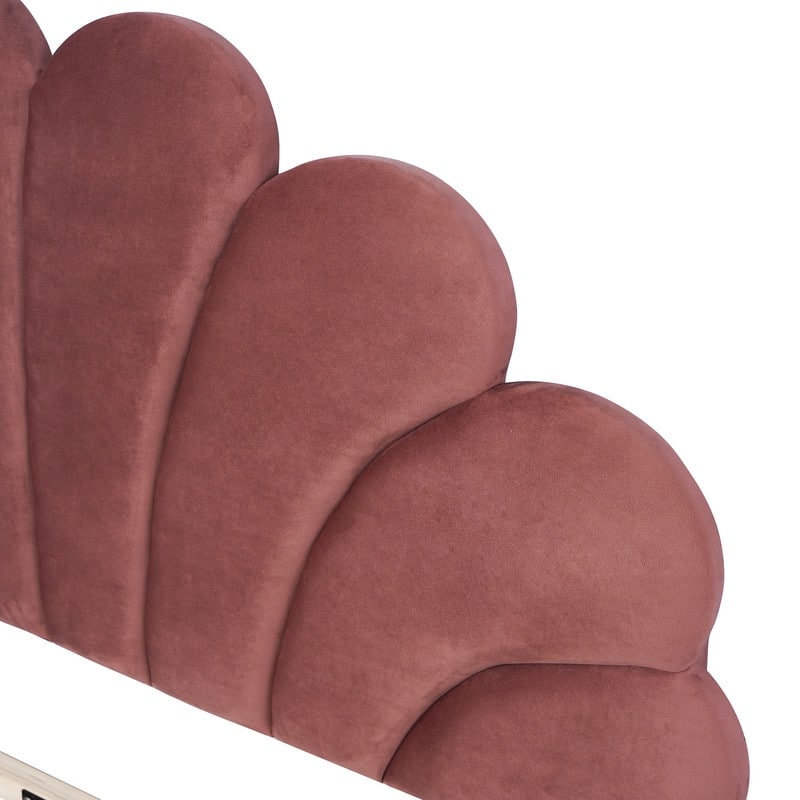 Queen Size Velvet Upholstered Platform Bed with Flower Pattern Headboard