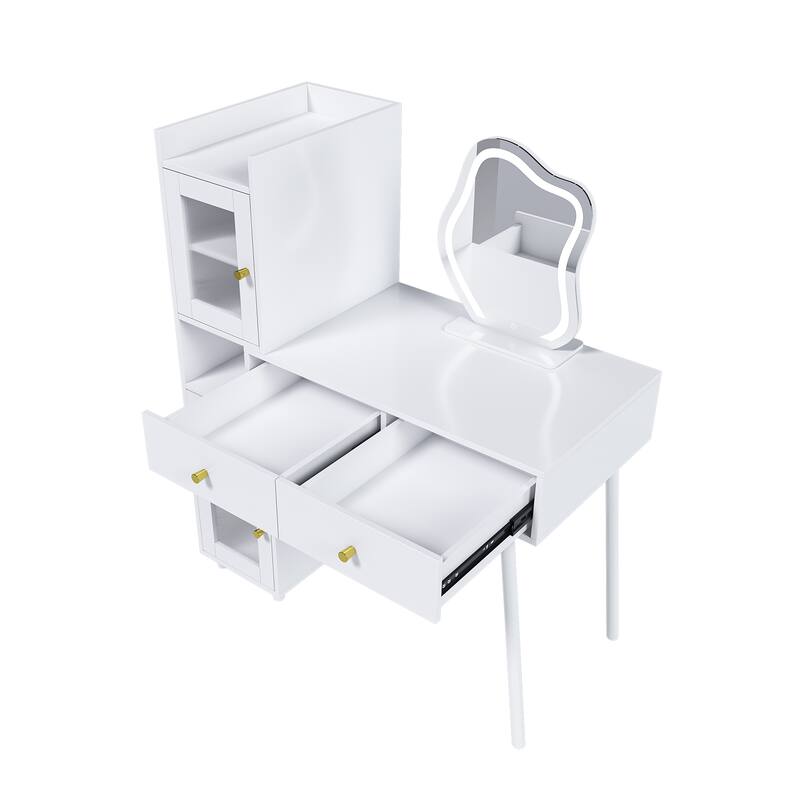 Roomfitters Vanity Desk with Illuminated Mirror, Modern Makeup Station with Glass Cabinets and Shelves, White