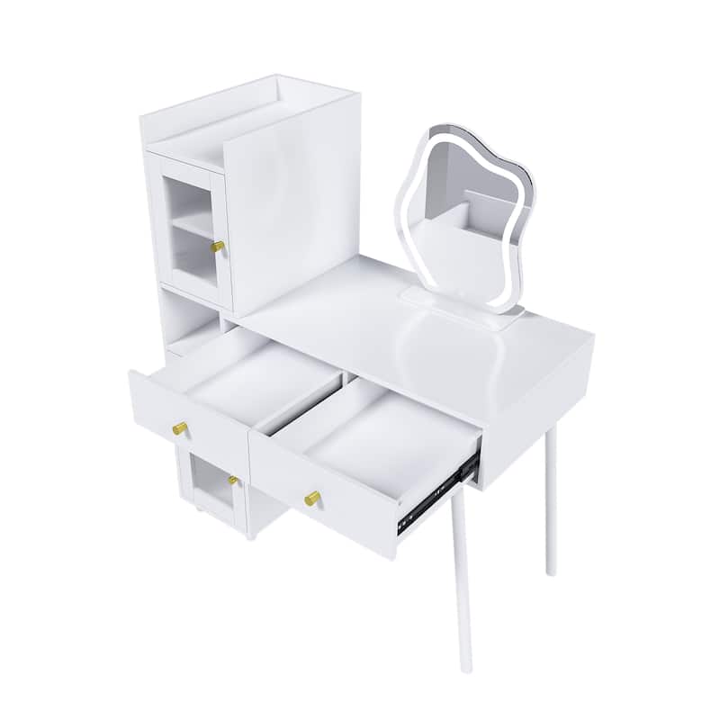 Vanity Dressing Table with LED Mirror & Storage, Makeup Desk Features 3 Drawers, 2 Open Shelves (Transparent Doors)