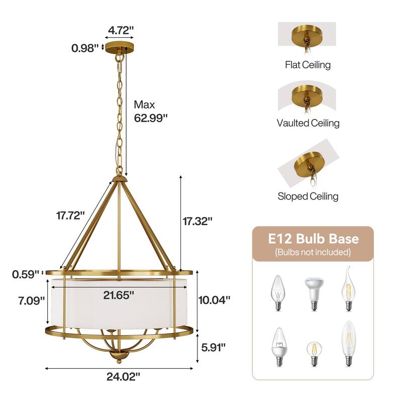 24-Inch Luxury Drum Pendant Light with Adjustable Chain, Fabric Chandelier