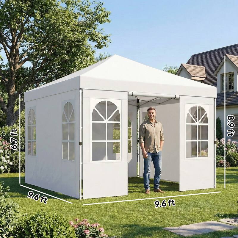 Outsunny 9.6 x 9.6 ft Pop Up Canopy Tent with Sidewalls, One Button Push Setup, UPF50+ Outdoor Portable Instant Canopy Shelter