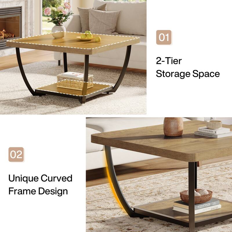 31.5" Square Coffee Table, 2-Tier Accent Center Cocktail Table