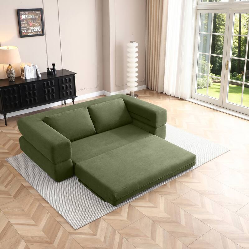 Anmytek 81 Inch Convertible Sofa Bed 3 in 1 Folding Floor Couch Corduroy Sleeper Mattress with Pillows Green