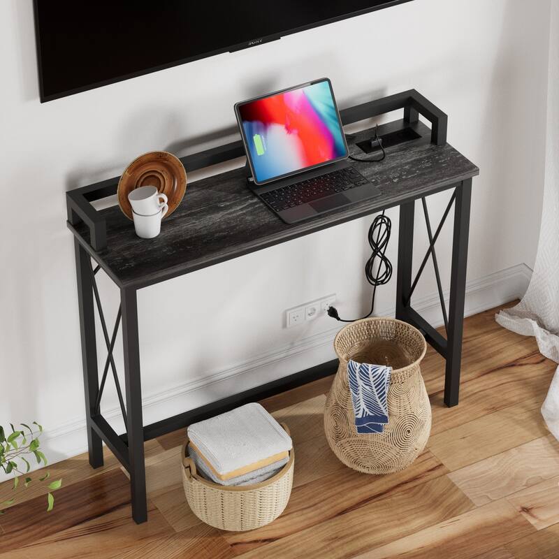Javlergo Extra Long Console/Sofa Table with Charging Station&Power Outlet, Charcoal Grey
