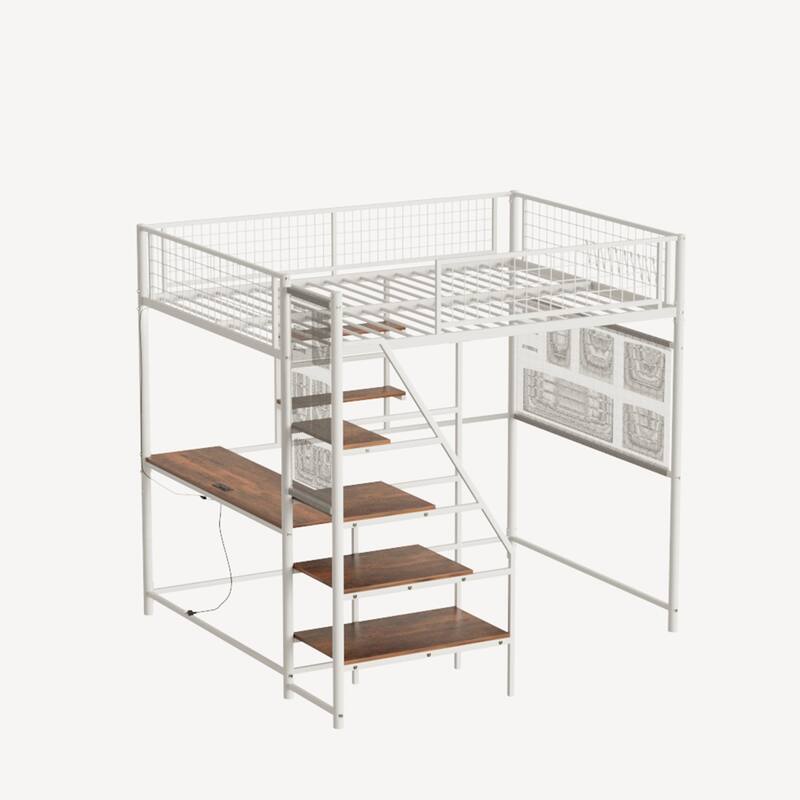 Full Size Metal Loft Bed with Built-In Desk, RGB LED Lights, Charging Station, and Sturdy Guardrails, Bedroom Furniture