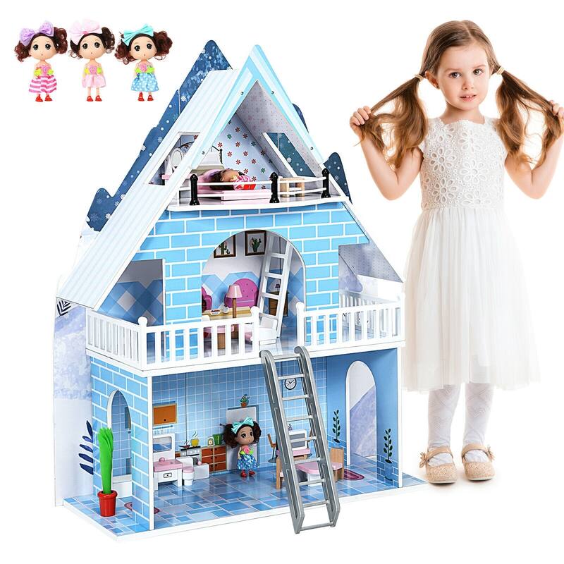 SUGIFT Wooden Dollhouse 3-Story Pretend Playset with Furniture and Doll Gift for Age 3+ Year