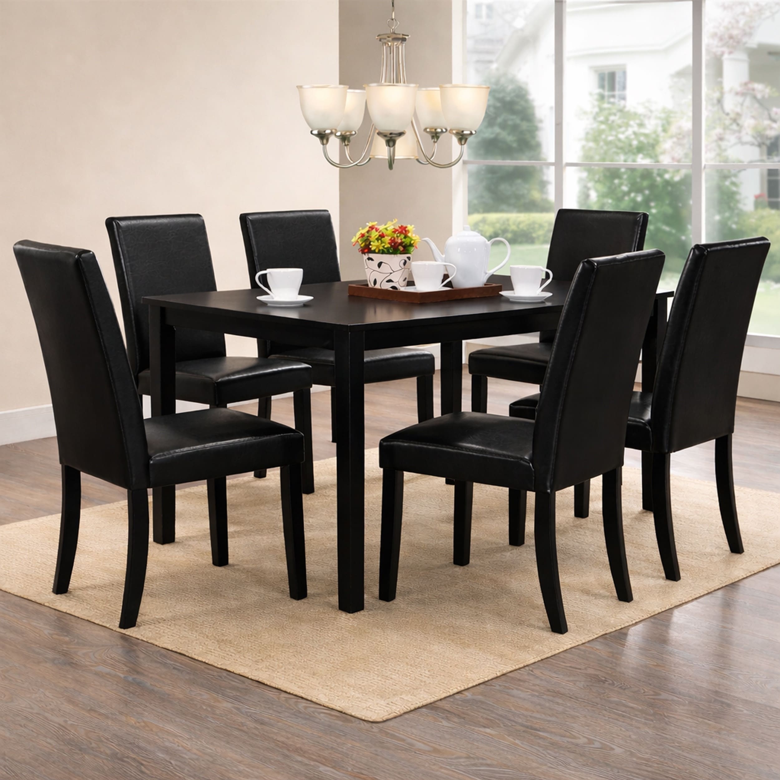 Modern 7-Piece 59 Inch Rectangular Dining Set, Black Finish with Black PU Leather Upholstered Chairs, Solid Rubberwood