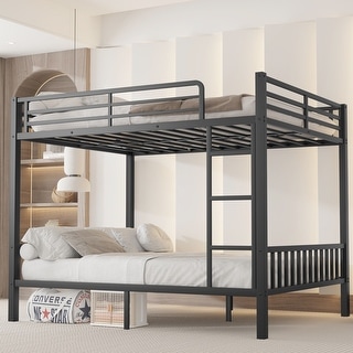 Black Queen over Queen Metal Bunk Bed with Ladder and Slats