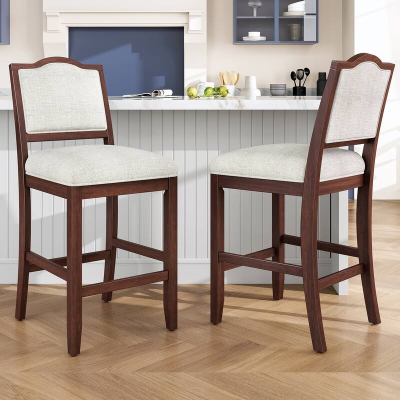 Counter Height Bar Stools Set of 2, Armless Bar Chair with Ergonomic Backrest and Rubber Wood Frame for Kitchen Island - Cherry