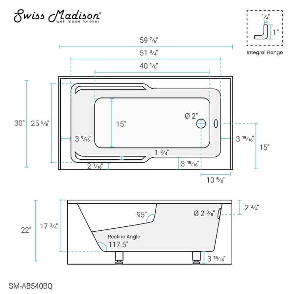 dimension image slide 7 of 20, Swiss Madison Voltaire, Acrylic White, Alcove, Integral Armrest, Bathtub with Apron