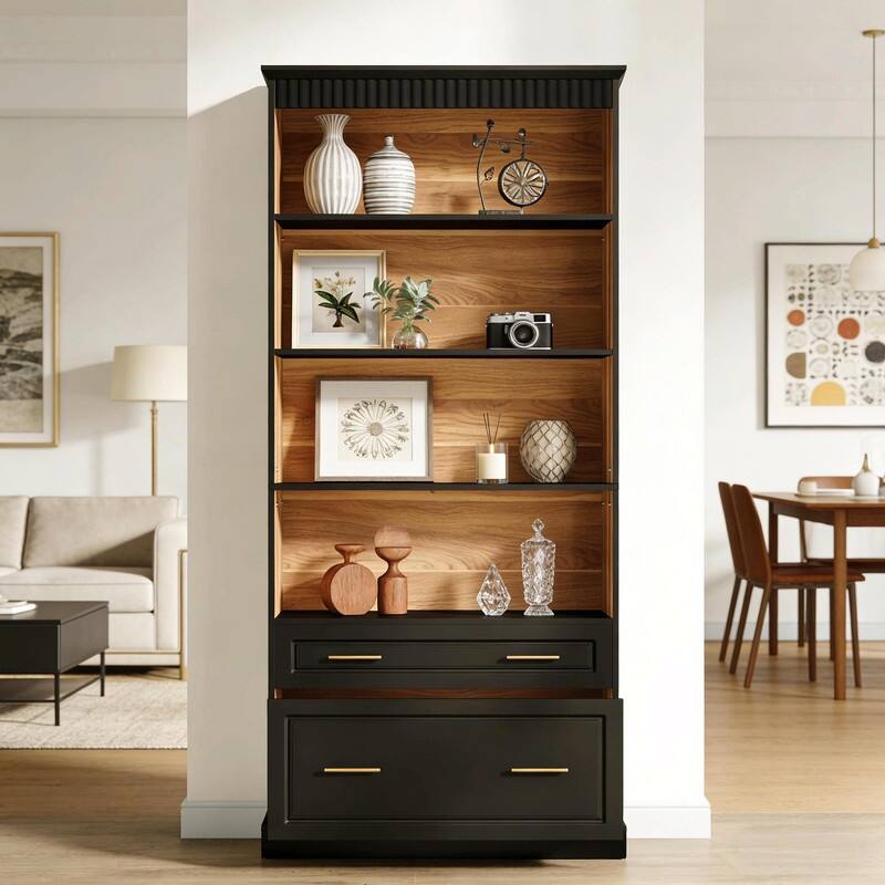 Modern Bookcase with Shelves and 2 Drawers for Storage and Display