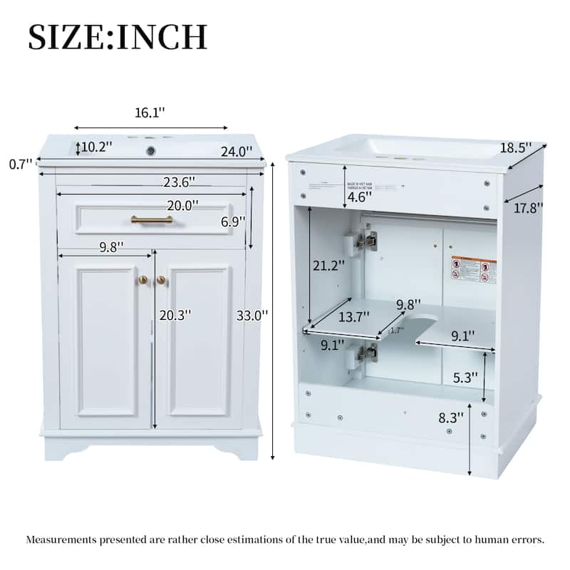 24 Inch Bathroom Vanity with Integrated Ceramic Sink, Freestanding Cabinet with Tip-Out Drawer, Small Space Vanity