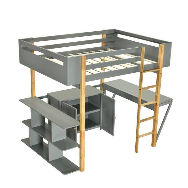 slide 2 of 16, Wooden Full Loft Bed with Foldable Desk & Built-in Storage Cabinet Gray - Full