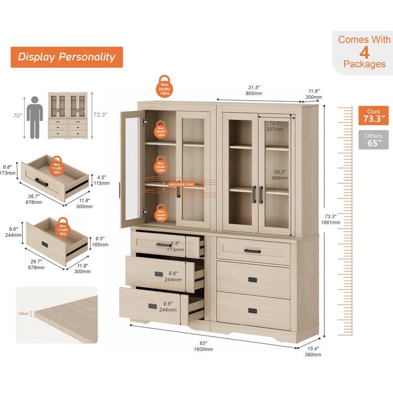 3 Tier Bookcase with Drawer,73.3" Tall Floor Standing Bookshelf