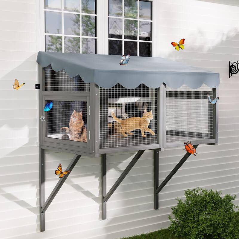 Secure Comfortable Wooden Window Box Enclosure for Cats - Gray - Gray
