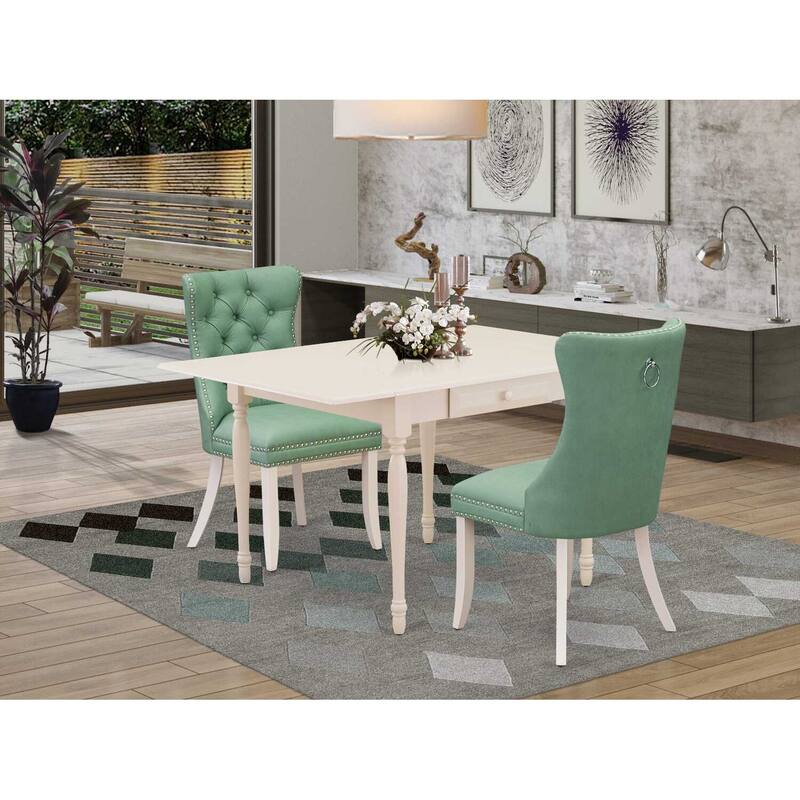 HomeStock 3-Pc Linen White Finish Rectangular Solid Wood Top with Dropleaf Dining Table Set