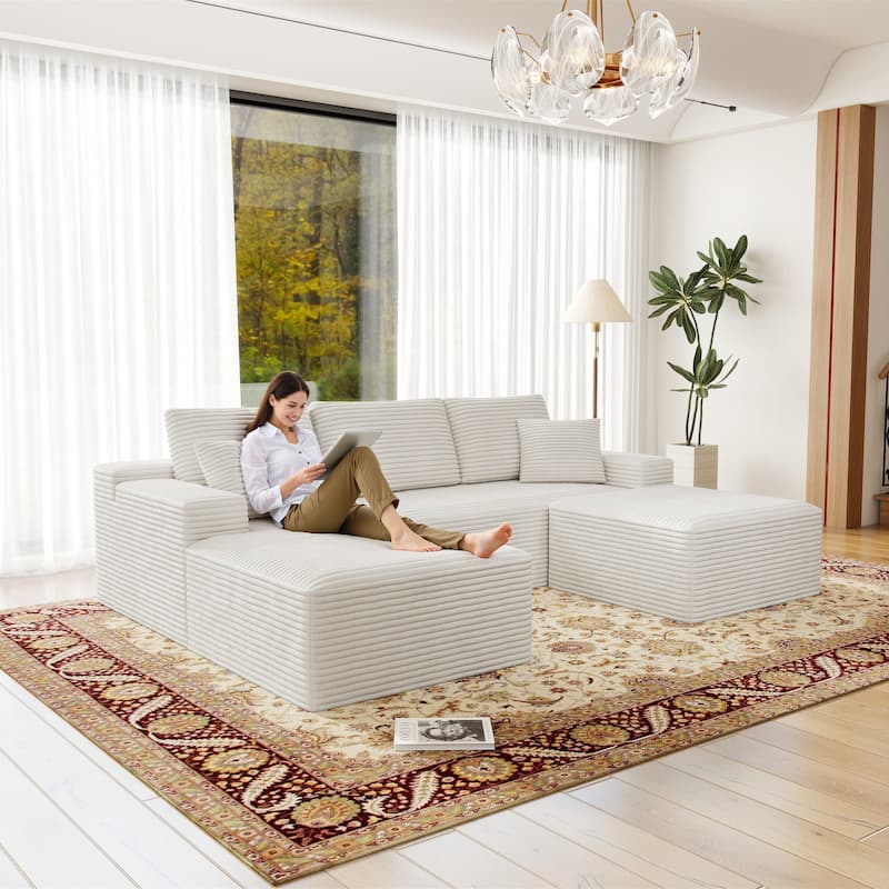 Roomfitters 104.3" Modular Sectional Sofa, 3-Piece Compressed Cloud Couch, No Assembly Required, Plush Corduroy, White