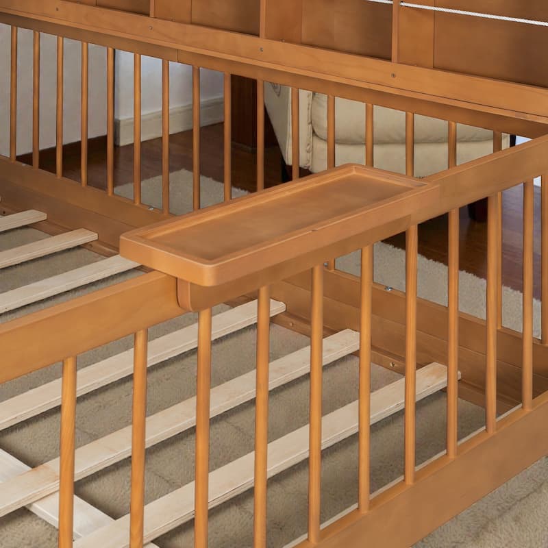 Full Size Kids House Bed with 2 Storage Drawers, Side Bookshelf with LED Strip, Guardrails and Charging Station