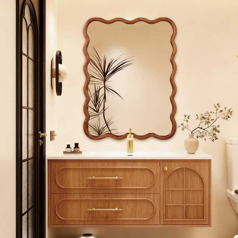 Wavy Rectangle Solid Wood Frame Decorative Mirror Modern Farmhouse Wall Mirror For Bedroom Bathroom Living Room Entryway