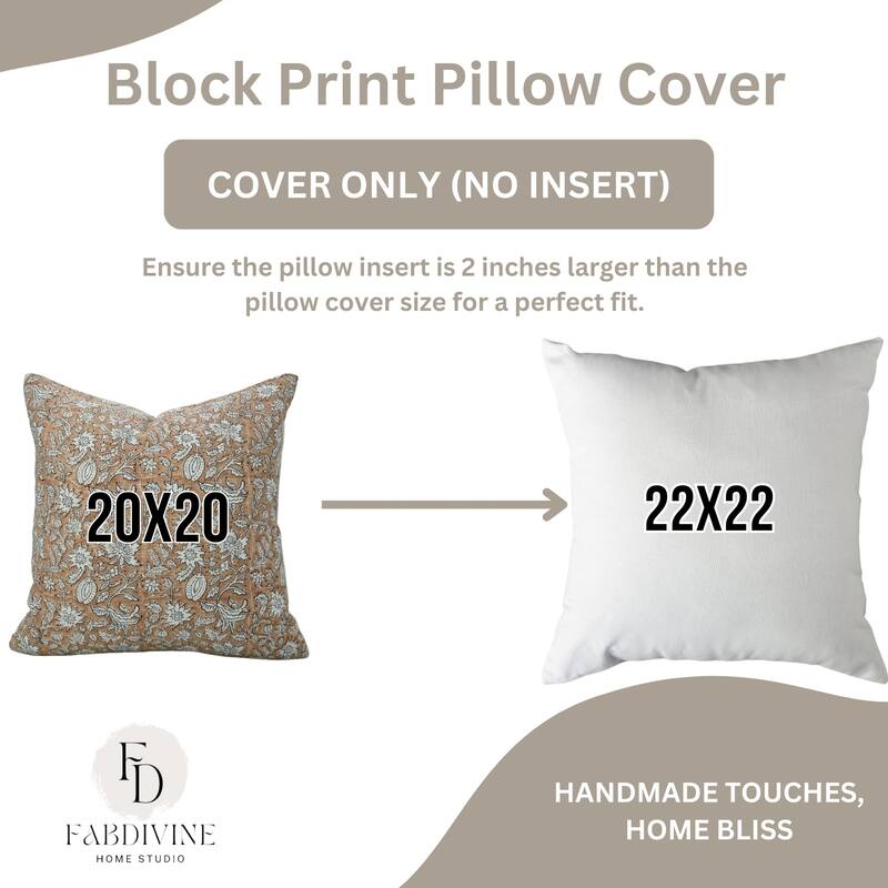 Fabdivine Floral Pillow Cover Heavy Linen Block Print for Living Room Chair Patio Office or Bedroom Decor, Manikarnika