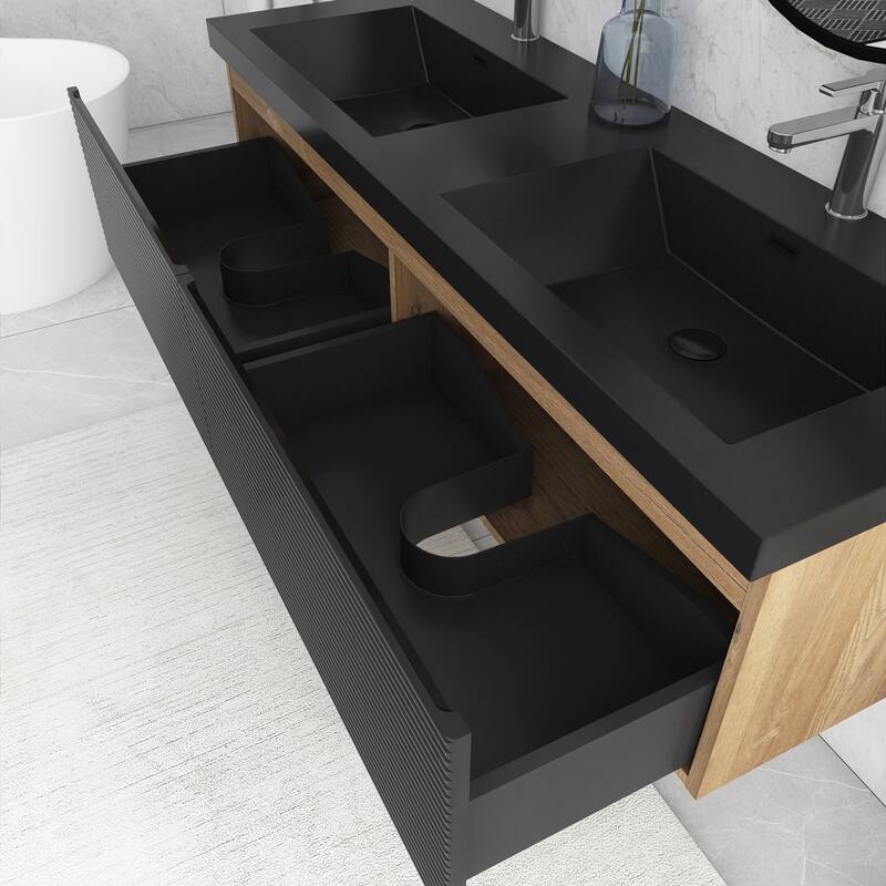 Floating Bathroom Vanity in Natural Oak with Integrated Resin Top
