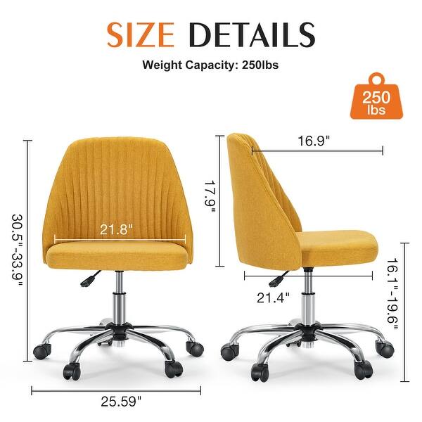 dimension image slide 4 of 6, Armless Fabric Home Office Desk Chairs, Adjustable Height Swivel Task Vanity Chair, Task Chairs with Swivel Wheels - N/A