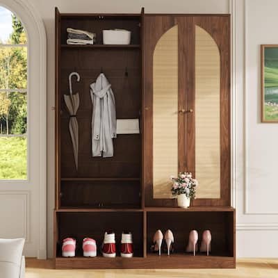 Farmhouse Wide Hall Tree with 4 Rattan Doors, Versatile 4-in-1 Seating Bench with 6 Hooks