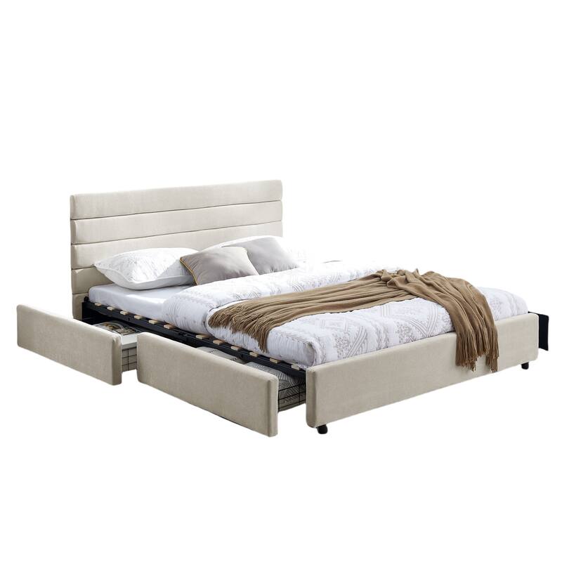 Queen Size Modern Upholstered Bed Frame with Headboard and Drawers