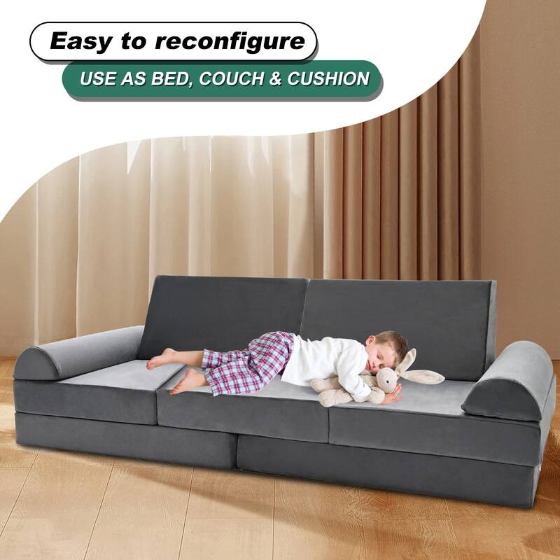 11-Piece Kids Couch Sofa, Convertible Foam and Floor Cushion, Grey - 70.8"×31.5"×19.7"