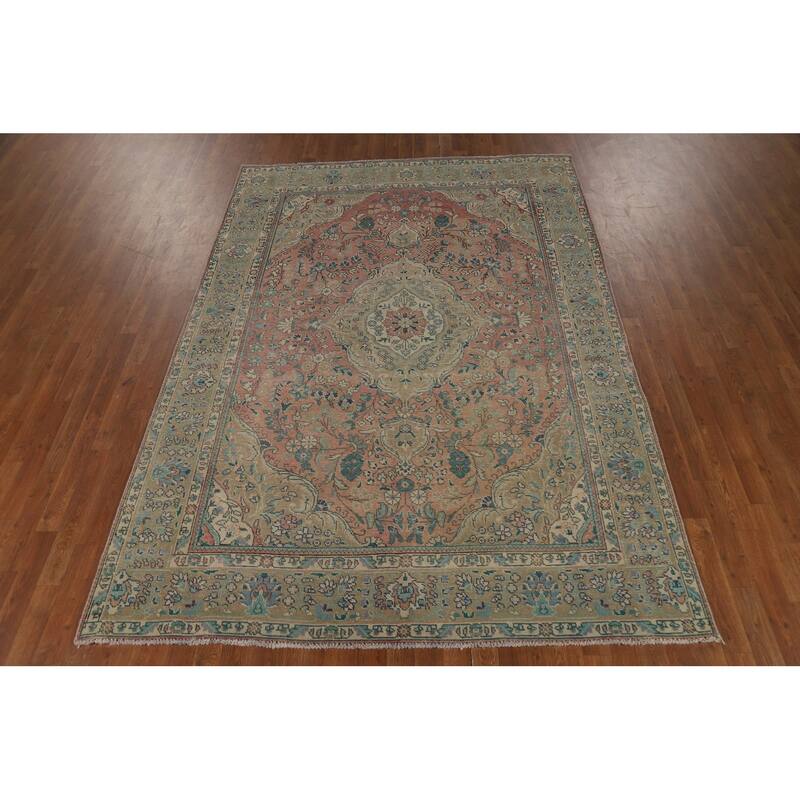 Hand Knotted Oriental 100% Wool Carpet Traditional Floral Pink Tabriz Area Rug - 9' 2'' X 6' 6''