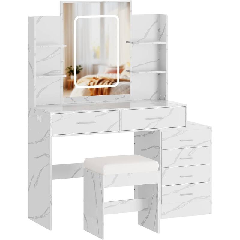 Vanity Desk with Mirror, LED Lights & Power Outlet, Makeup Table with 6 Drawers, 6 Shelves & Stool for Bedroom