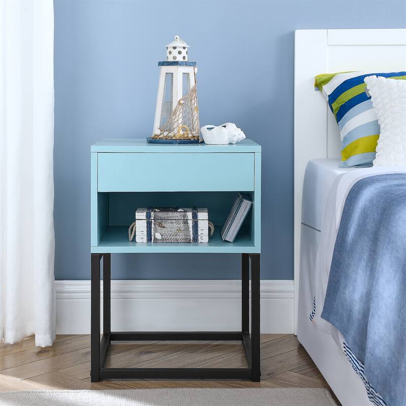 BIKAHOM Simple End Table with Drawer and Shelf for Any Room,Nightstand,Metal Leg Design - Blue