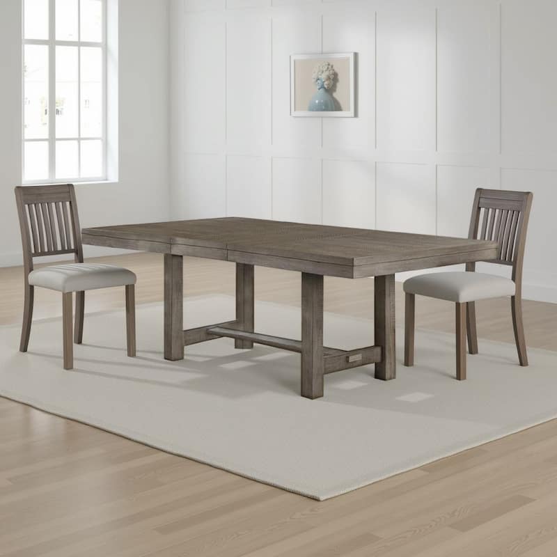Genu 66-84 Inch Extendable Dining Table, Trestle Base, Gray Solid Wood
