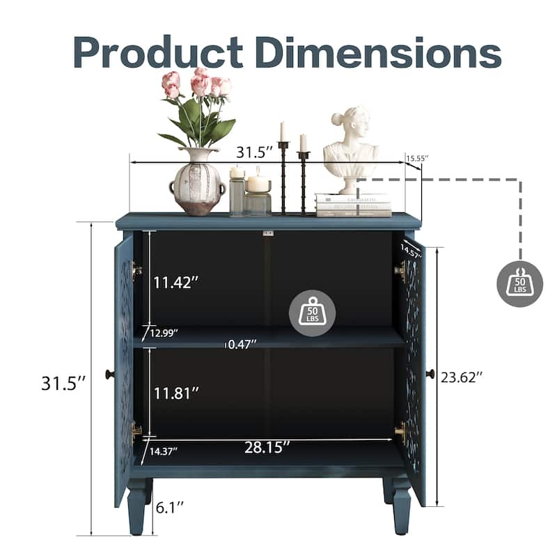 Vintage Hollow-Carved 2-Door Accent Cabinet with Floral Design, Adjustable Shelf and Solid Wood Legs, 31.5'' Sideboard