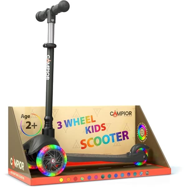 slide 2 of 2, Mini 3 Wheel Scooter for Kids – Lean-to-Steer Kick Scooter with LED Light-Up Wheels, Adjustable Handlebar, Wide Anti-Slip Deck, Black - Black