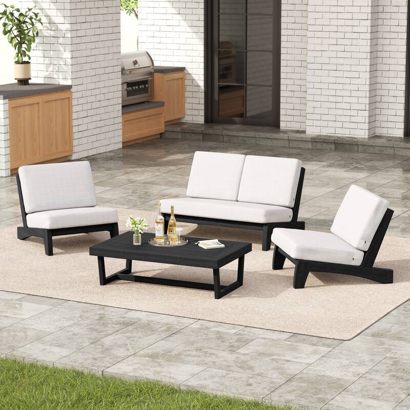 4 Set Outdoor Patio Teak Wood Club Chairs Loveseat with Cushion