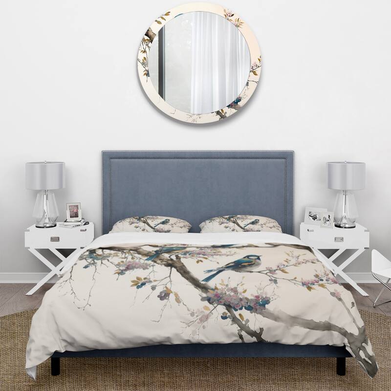 Designart "Multicolor Birds On Plum Blossoms Tree XIII" Beige Shabby Chic - Bedding Cover Set With Shams