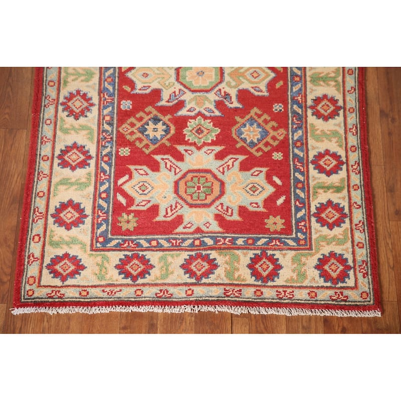 Kazak Accent Rug Hand-Knotted Red Geometric Wool Carpet - 2'9" x 4'1"