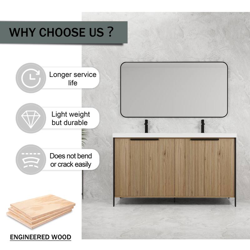 59-inch Double Sink Bathroom Vanity with Adjustable Shelves, Soft-Close Hinges, Resin Basin