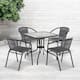 28'' Square Glass Metal Table with Rattan Edging and 4 Rattan Stack Chairs
