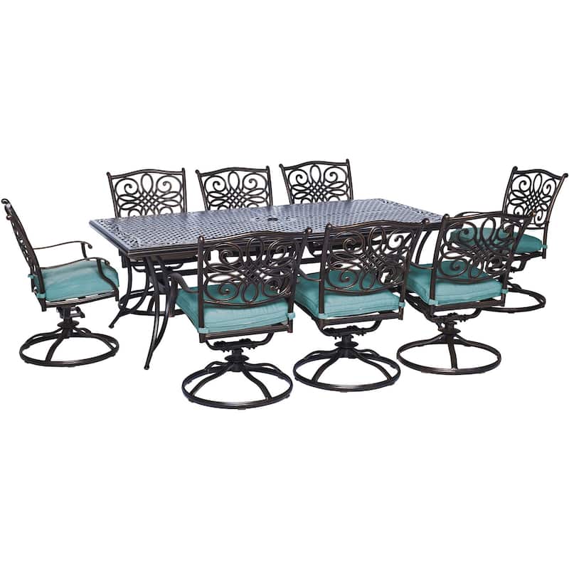 Hanover Outdoor Traditions 9-Piece Dining Set with Eight Swivel Dining Chairs and a Large 84 x 42 in. Dining Table