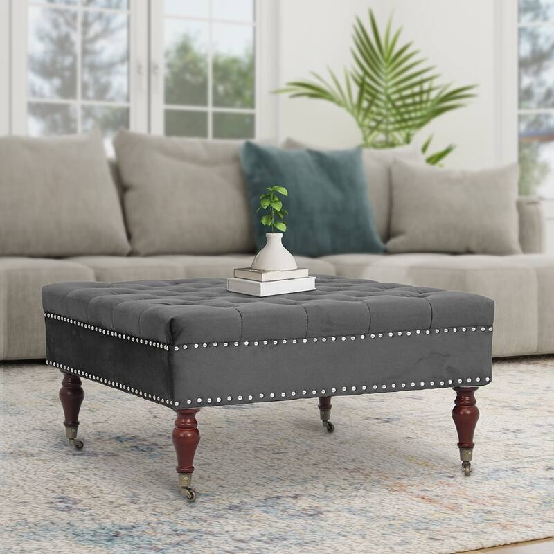 Maypex Square Velvet Upholstered Cocktail Ottoman with Caster Wheels
