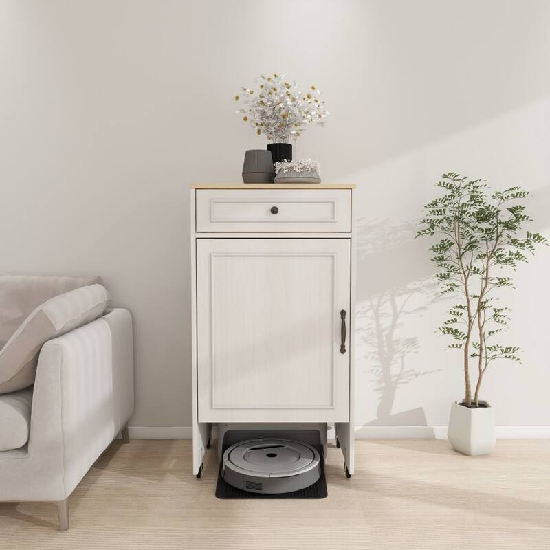 Modern Antique White MDF Storage Rack with Doors and Drawers，Wheels for Living Room - Antique White