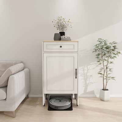 Modern Antique White MDF Storage Rack with Doors and Drawers，Wheels for Living Room