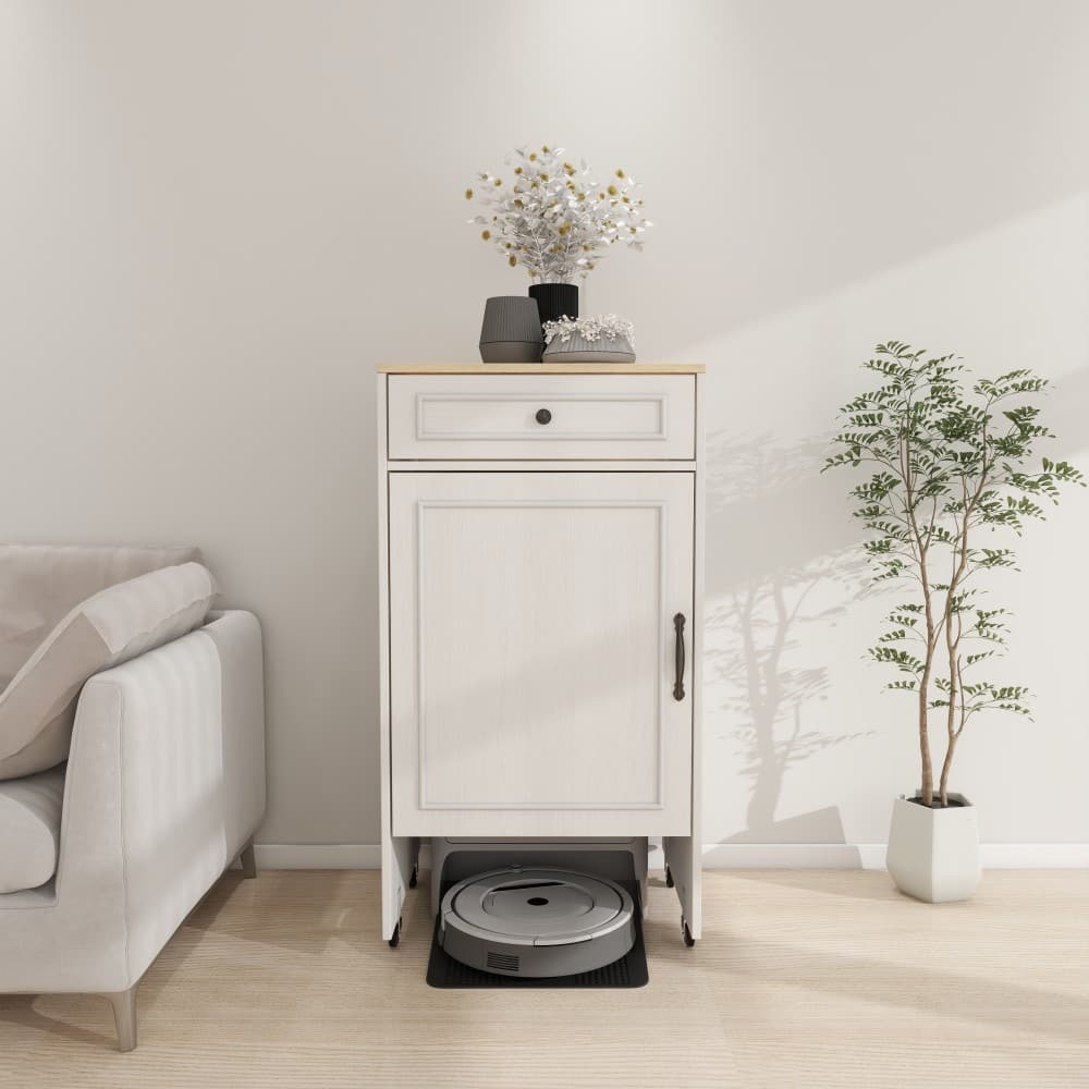 Modern Antique White MDF Storage Rack with Doors and Drawers，Wheels for Living Room