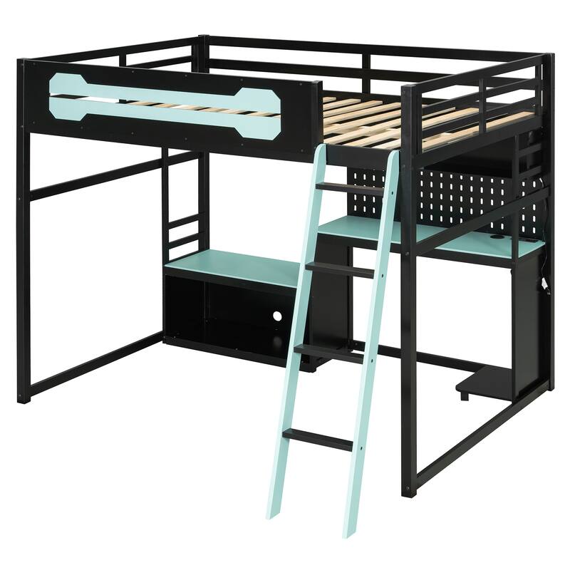 Full Size Gaming Loft Bed with Desk, Shelves, LED, USB and Pegboard