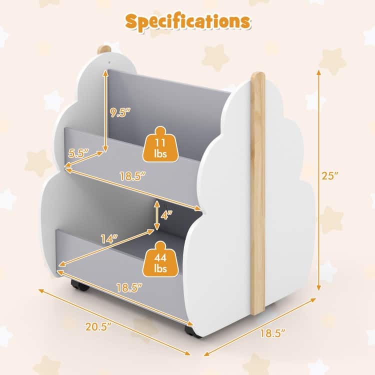 Kids Wooden Bookshelf with Universal Wheels - 20.5" x 18" x 25"