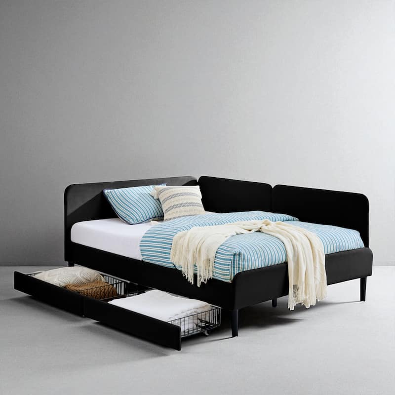 Twin Size Upholstered Platform Sofa Bed with Velvet Cushions and 2 Storage Drawers, Convertible Daybed Frame