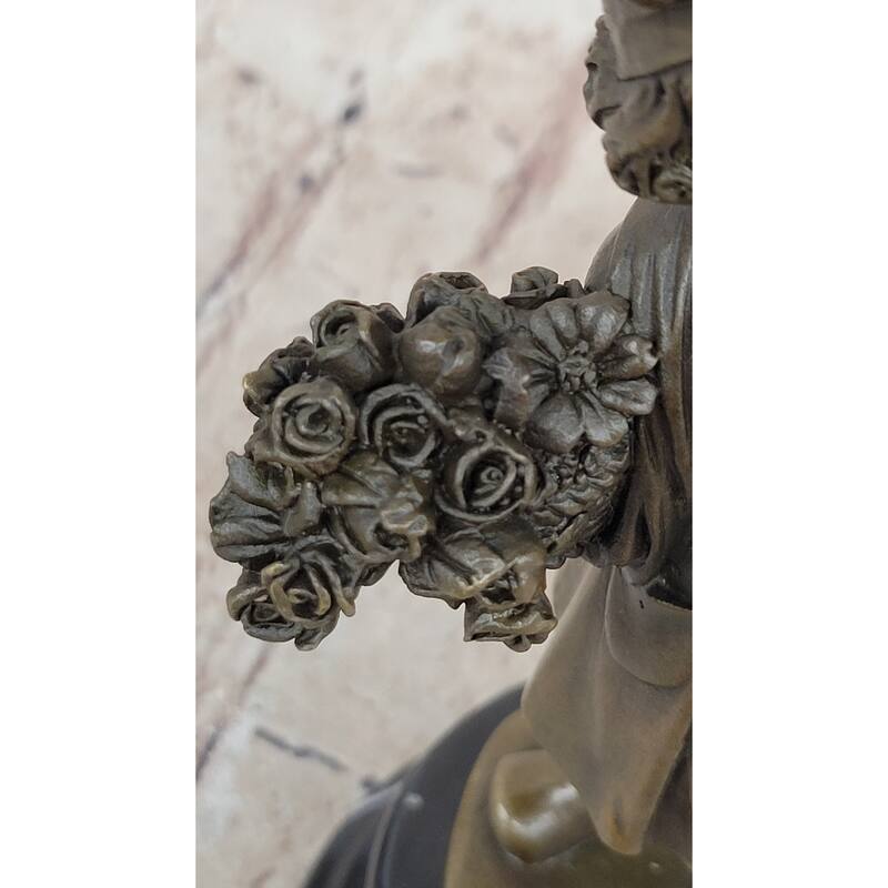 Young Girl Carrying Flower Basket - Bronze Sculpture By Daste